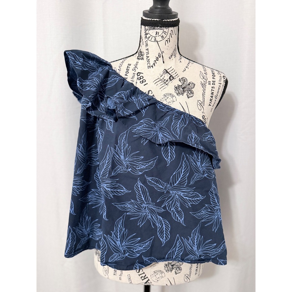 Banana Republic Navy Blue Tropical Leaf One Shoulder Ruffle Top Large Cotton